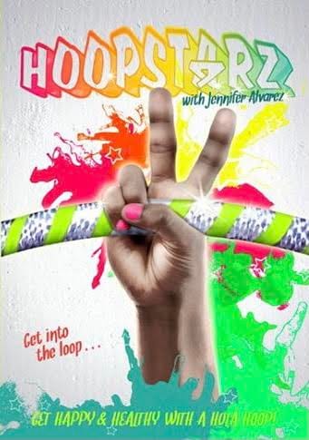 Hoopstarz is written across the top of the image. there is a hand reaching out of a paint splatter giving the peace symbol with their fingers while holding a hula hoop. You can only see the upper part of the hula hoop in the photo and the hand appears to be a child's hand. The colors are hot pink - orange - and bright green